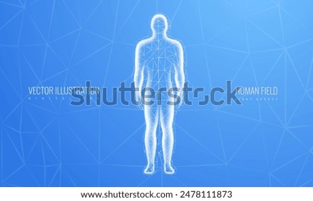 Human body made particles and light field effect on a blue background. Futuristic human anatomy concept for showcasing digital transformation and technology. Vector illustration.