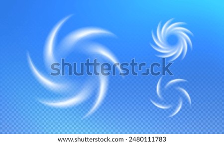 Air swirling currents forming circular, spiral shapes. Elements for airflow, breeze, and movement, cooling systems, air conditioning, and ventilation. Transparent background