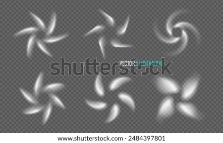 Air swirling currents forming fan circular shapes on transparency grid. Set elements for airflow, breeze, and movement, cooling systems, air conditioning, and ventilation. Vector
