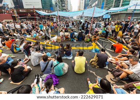 Hong Kong - September 30 2014: Hong Kong Occupy Central Protests. People protest on the Argyle Street and Nathan Road in Kowloon.
