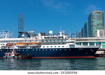 HONG KONG, CHINA - January 4 2015 : Swan Hellenic Minerva in Hong Kong Victoria Harbor , Hongkong is a major tourist city in Asia,More than 40000000 visitors a year.