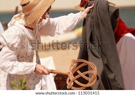 BRISBANE, AUSTRALIA - SEPTEMBER 16 : Unidentified people re-enacting beach settlement camp life as part of the Redcliffe First Settlement Festival on September 16, 2012 in Brisbane, Australia