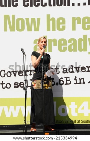 BRISBANE, AUSTRALIA - AUGUST 31: Greens senator Larissa Waters speaking at March Australia Rally August 31, 2014 in Brisbane, Australia