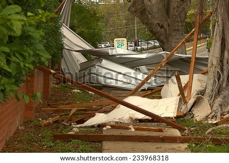 BRISBANE, AUSTRALIA - NOVEMBER 28 : Roof on footpath from super cell hail storm area declared disaster on November 28, 2014 in Brisbane, Australia