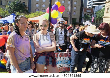 BRISBANE, AUSTRALIA - AUGUST 8 2015: Crowds gathered to listen to speakers at Marriage Equality Rally August 8, 2015 in Brisbane, Australia
