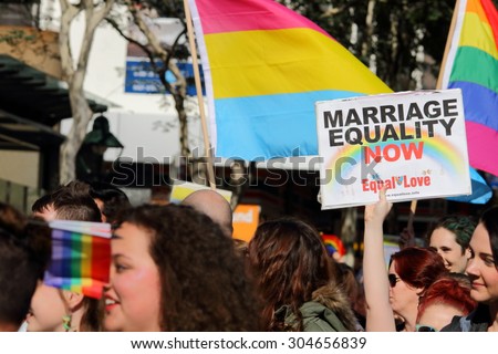 BRISBANE, AUSTRALIA - AUGUST 8 2015:Street marchers at Marriage Equality Rally August 8, 2015 in Brisbane, Australia
