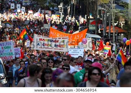 BRISBANE, AUSTRALIA - AUGUST 8 2015: Large groups of street marchers pro Marriage Equality Rally August 8, 2015 in Brisbane, Australia