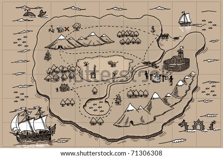 Old Parchment With Pirate Map. Doodle Stock Vector 71306308 : Shutterstock