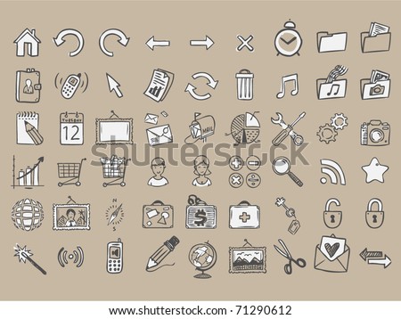 set of 54 doodle icons on craft paper