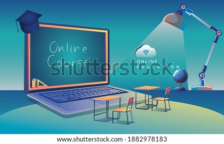 Online Education Application learning worldwide on Laptop, website background. social distance concept book lecture pencil. The classroom training course, library Vector Illustration Flat Design