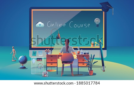 Online Education Application learning worldwide on Computer, mobile website background. social distance concept book lecture pencil. The classroom training course, library Vector Illustration Design