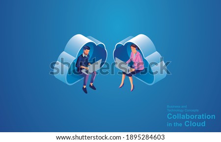 Business people sitting in CLOUD Technology, creativity and innovation optimization and business process workflow development, with the network Online devices data Isometric concept vector design