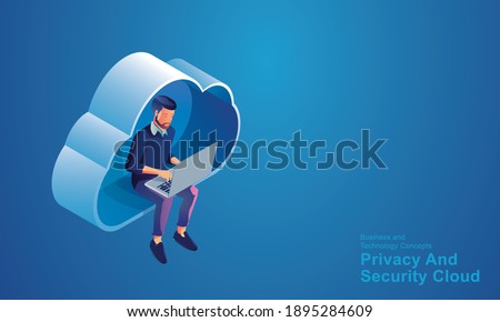 Business people sitting in CLOUD Technology, creativity and innovation optimization and business process workflow development, with the network Online devices data Isometric concept vector design