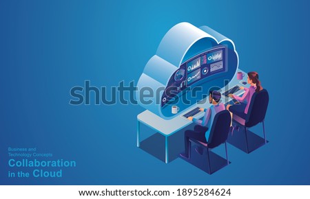 Business people working and meeting optimization and business process workflow development communication with the network Online devices data in a database on cloud services Isometric concept vector