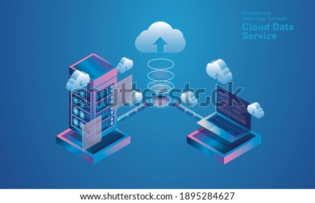 Computer technology server room digital device Isometric concept Cloud storage communication with the network Online devices uploads download information data in a database on cloud services  vector