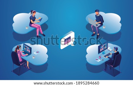 Businessmen use Video conference landing Working People on window screen taking with colleagues. Videoconferencing and online meeting workspace page, man and woman learning Vector illustration, Flat	