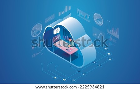 Computer technology server room digital device Isometric concept Cloud storage communication with the network Online devices uploads download information data in a database on cloud services vector