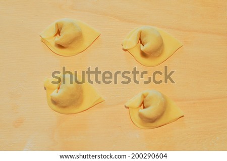 Agnolotti pasta typical of the Piedmont region of Italy is made with small pieces of flattened pasta dough folded over with meat or vegetable stuffing