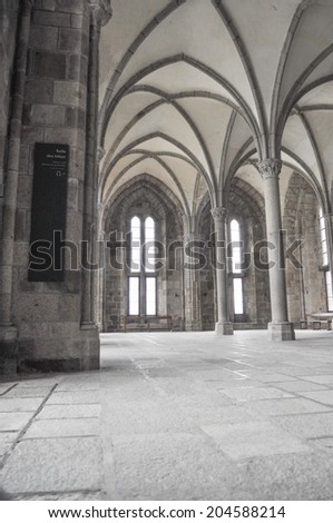 MONT SAINT MICHEL, FRANCE - JUNE 04, 2014: Mont Saint Michel Abbey and fortifications in Normandy France