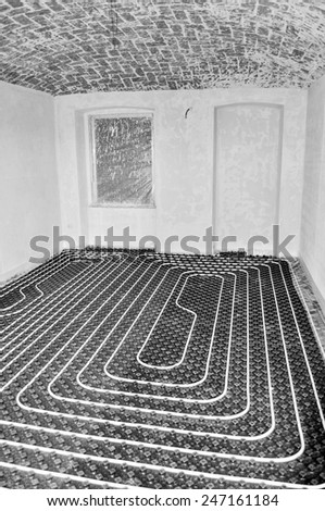 Underfloor heating and cooling indoor climate control for thermal comfort using conduction radiation and convection in black and white