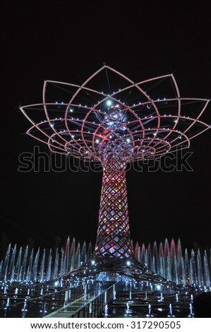 MILAN, ITALY - SEPTEMBER 10, 2015: Night view of Albero della Vita meaning Tree of Life at Italy pavilion at the Expo 2015 Feeding The Planet Energy For Life international exposition