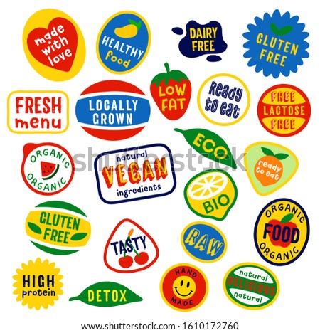Funny fruity vector stickers design. Eco, vegetarian, healthy, homemade fruit tags. 