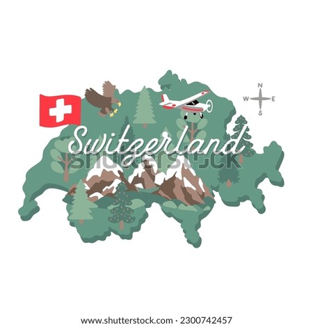 Cute map of Switzerland with main landmarks and symbols