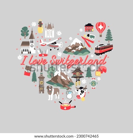 Cute hand drawn landmarks of Switzerland arranged in the shape of heart. I love Switzerland lettering