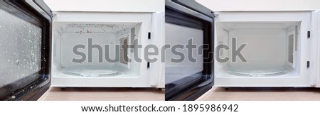Clean niche and door of the microwave oven after washing. Kitchen appliances before and after washing and cleaning.