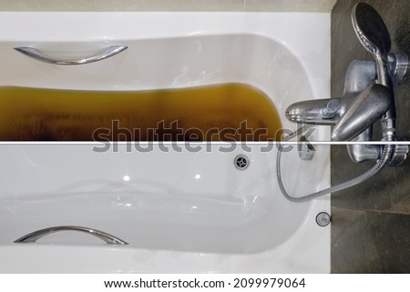 A bathtub filled with dirty water due to a clogged sewer pipe before and after cleaning the drain, close-up Foto stock © 