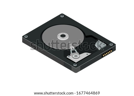 Hard disk drive for storing data on a computer. Object isolated on white. Detailed 3d hard disk vector isometric illustration.