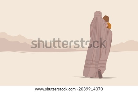 An Afghan woman in a burqa or burka with a child walks through the desert in search of freedom. Flight from the war. Refugee poster concept. Save the women of the east from violence and terrorism 