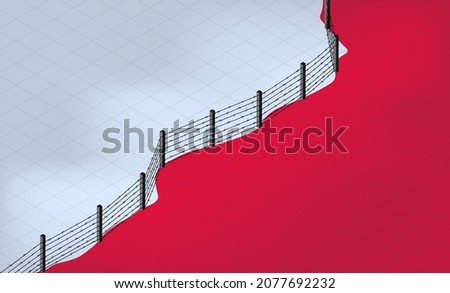 International guarded border between countries. Fence with barbed wire. Closed for movement of people in connection with the coronavirus pandemic in the world. Illegal crossing. Isometric vector. 