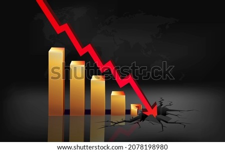 Gold chart with a red down arrow pointing to a rift in the world map. The concept of the global economic crisis. Fall of world trade. Financial failure poster. Stock market crash. Vector 2022 