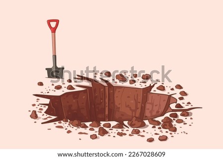 Dig a hole. Vector illustration. Drawing of a hole in the ground, stones and a shovel. Earthwork in the garden. Deep hole. Archeology and search. To plant a tree. Construction of a well for water