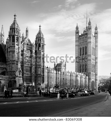 Houses of Parliament  in London UK view from Abingdon street. black and white