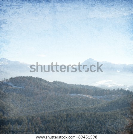 grunge paper with image of winter landscape. Carpathian Mountains, Ukraine