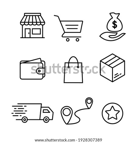 Simple set of online shop market vector icon. Contains such Icons as money, fund, order, wallet, purse, bag, collect, box, delivery truck, and more. e-commerce business concept icon.