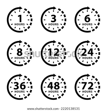 1, 3, 6, 8, 12, 24, 36, 48, 72 hours time arrow. Work time symbol isolated on white background. Delivery and service time icon.