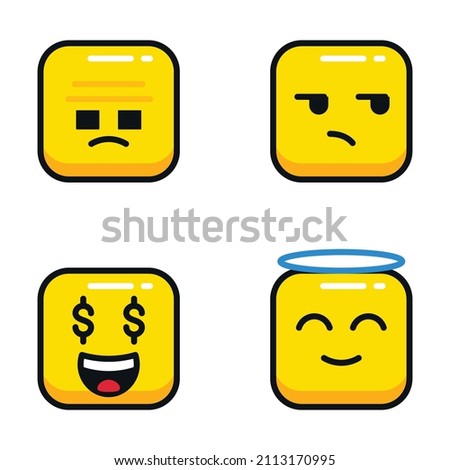 Set of emoji. Set of emoticons on a light yellow tone, flat illustration. Square emoticons. Square emoji. Expressions in a square. Emoticon icon. Different emotions collection. Sad emoji.