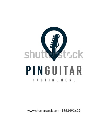 Guitar logo design template. Awesome guitar with location pin symbol logo. A pin guitar logotype.