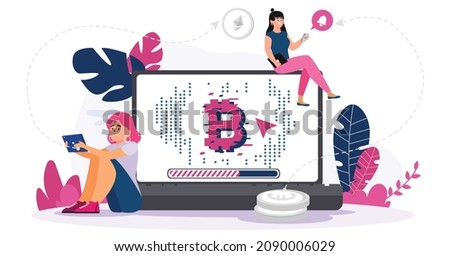 Female crypto  trader do a financial activities transferring cryptocurrencies to his friends via laptop and mobile , Monetization , traders, investors.