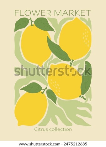 Flower market poster. Lemons and leaves modern botanical wall print. Aesthetic style groovy vector citrus background illustration.