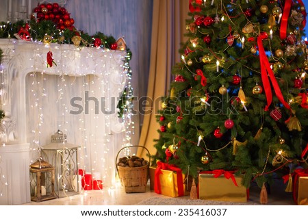 Christmas tree with fireplace, Christmas holiday and New Year.