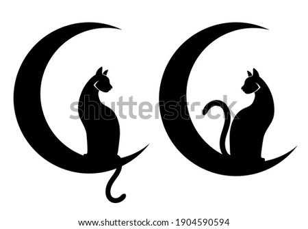 Vector illustrations, two cats sitting on crescent Moons. Black silhouettes drawn on a white background. Tattoo, creative logo, wall decals, artwork, minimalist wall art, poster design
