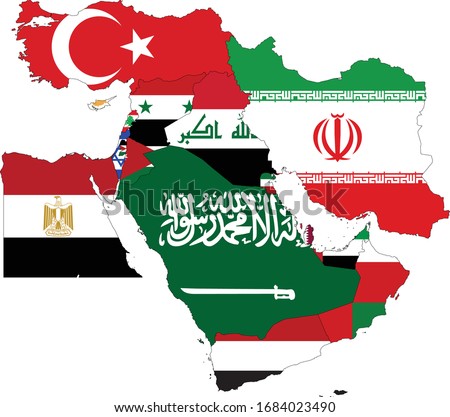 vector illustration of Map of Middle East countries with national flag