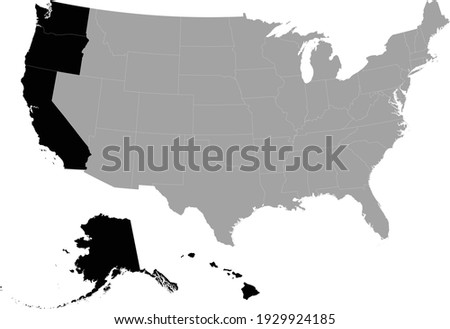 vector illustration of Black Map of US federal state of Pacific coast region inside the map of United states of America