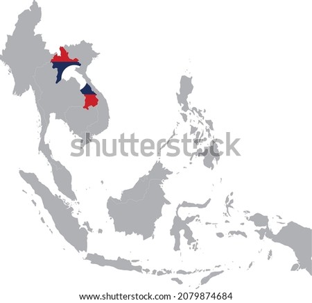 Map of Laos with national flag inside the gray map of Southeast region of Asia