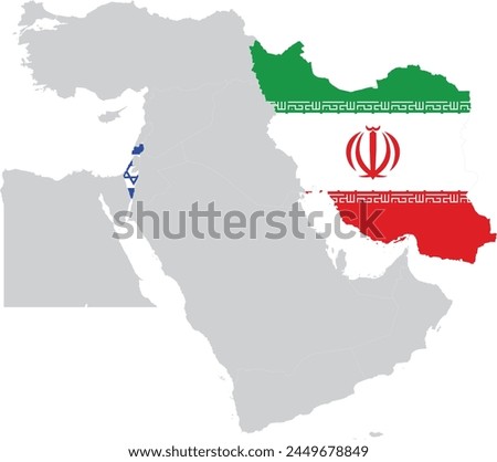 Map of Israel and Iran with national flag within the gray map of Middle East