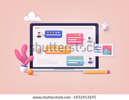 3D Web Vector Illustrations. Laptop with review rating. Reviews stars with good and bad rate and text.